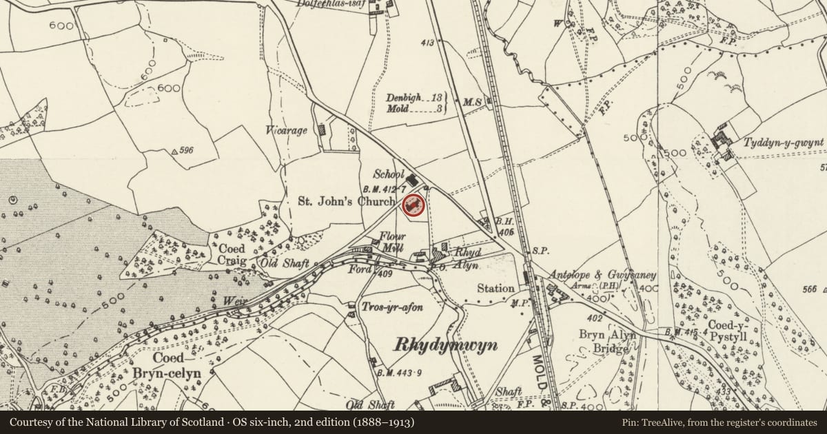 Ordnance Survey six-inch map, 2nd edition (1888–1913) covering the location of Church of St John, Cilcain, Flintshire, with a pin at the register's coordinates