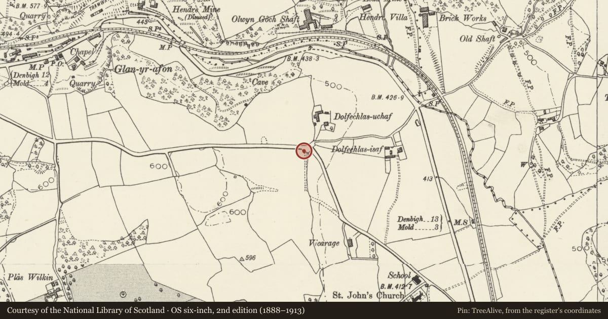 Ordnance Survey six-inch map, 2nd edition (1888–1913) covering the location of Lime Kiln, Cilcain, Flintshire, with a pin at the register's coordinates