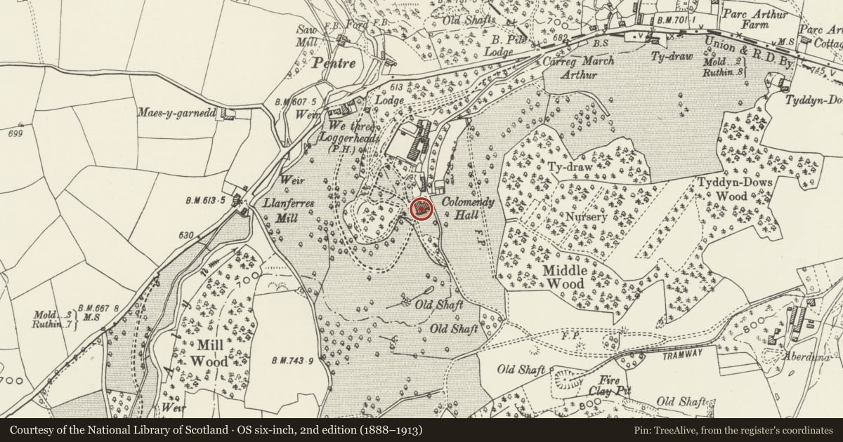 Ordnance Survey six-inch map, 2nd edition (1888–1913) covering the location of Colomendy Hall, Llanferres, Denbighshire, with a pin at the register's coordinates