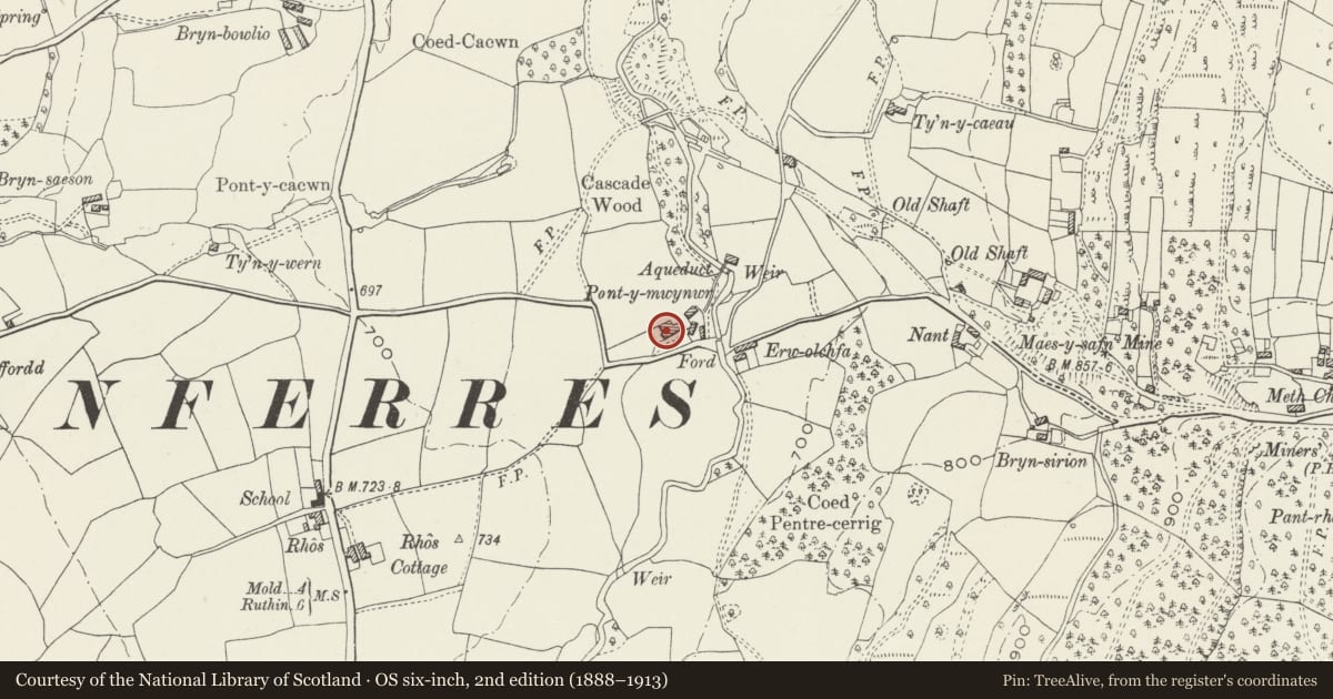 Ordnance Survey six-inch map, 2nd edition (1888–1913) covering the location of Pont-y-Mwynwr, Llanferres, Denbighshire, with a pin at the register's coordinates