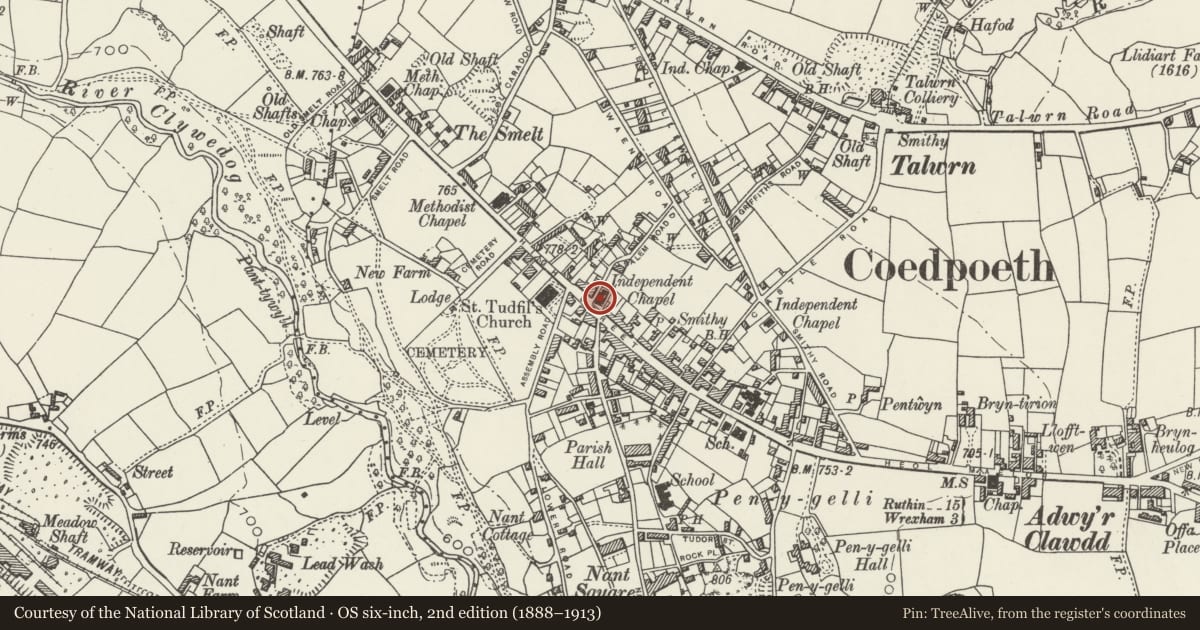 Ordnance Survey six-inch map, 2nd edition (1888–1913) covering the location of Capel Salem with railings to forecourt, Coedpoeth, Wrexham, with a pin at the register's coordinates