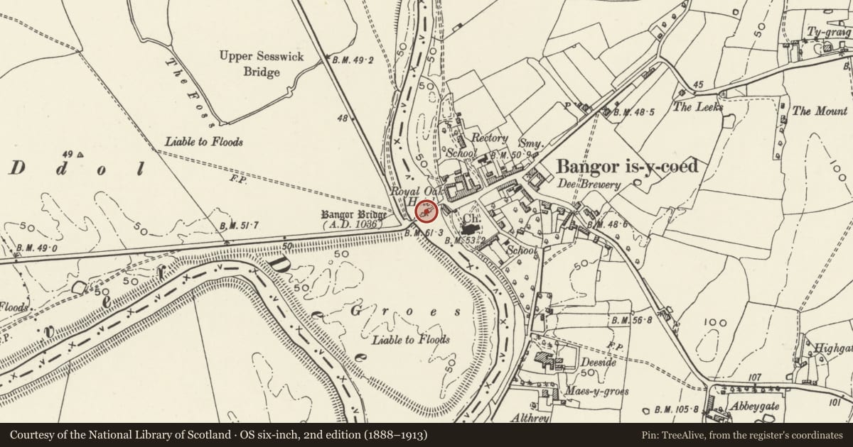 Ordnance Survey six-inch map, 2nd edition (1888–1913) covering the location of Bangor Bridge (Partly in the Sesswick community), Bangor is-y-Coed, Wrexham, with a pin at the register's coordinates