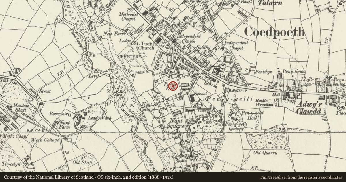 Ordnance Survey six-inch map, 2nd edition (1888–1913) covering the location of War Memorial, Coedpoeth, Wrexham, with a pin at the register's coordinates