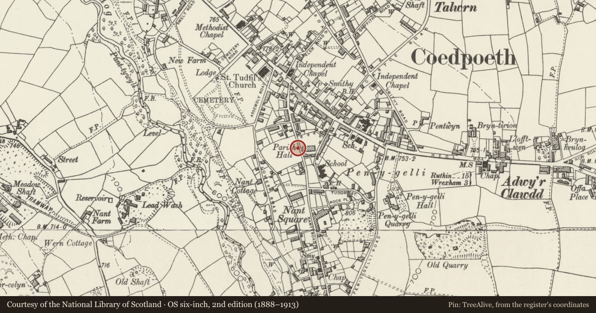 Ordnance Survey six-inch map, 2nd edition (1888–1913) covering the location of Entrance Gates to Park, Coedpoeth, Wrexham, with a pin at the register's coordinates