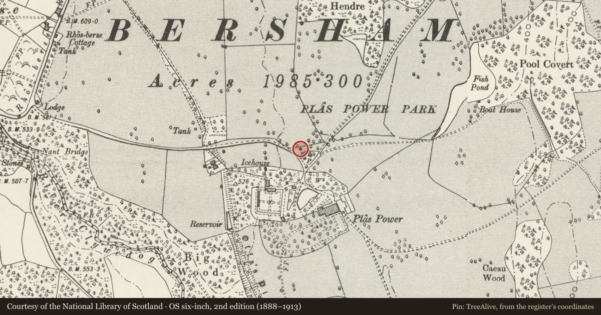 Ordnance Survey six-inch map, 2nd edition (1888–1913) covering the location of Stable Block at Plas Power, Coedpoeth, Wrexham, with a pin at the register's coordinates