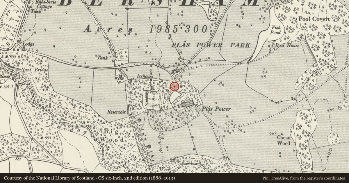 Ordnance Survey six-inch map, 2nd edition (1888–1913) covering the location of Bath House in Plas Power Park, Coedpoeth, Wrexham, with a pin at the register's coordinates