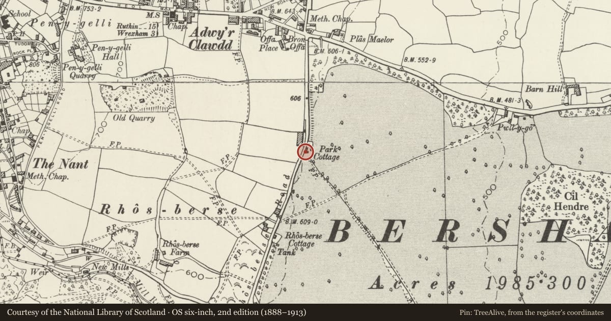 Ordnance Survey six-inch map, 2nd edition (1888–1913) covering the location of Wall to Plas Power Park including Park Cottage, Coedpoeth, Wrexham, with a pin at the register's coordinates