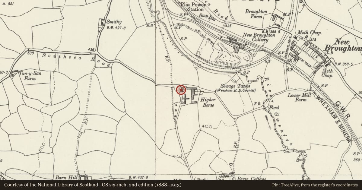 Ordnance Survey six-inch map, 2nd edition (1888–1913) covering the location of Higher Berse Farmhouse, Coedpoeth, Wrexham, with a pin at the register's coordinates