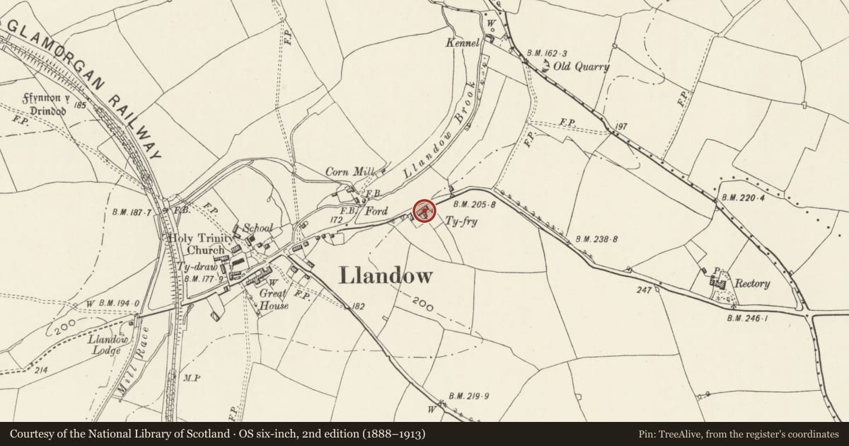 Ordnance Survey six-inch map, 2nd edition (1888–1913) covering the location of Ty Fry Farmhouse, Llandow, Vale of Glamorgan, with a pin at the register's coordinates