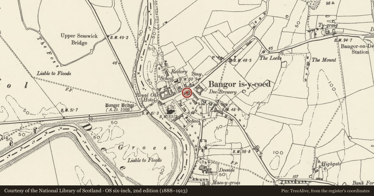 Ordnance Survey six-inch map, 2nd edition (1888–1913) covering the location of The Stableyard, Bangor is-y-Coed, Wrexham, with a pin at the register's coordinates