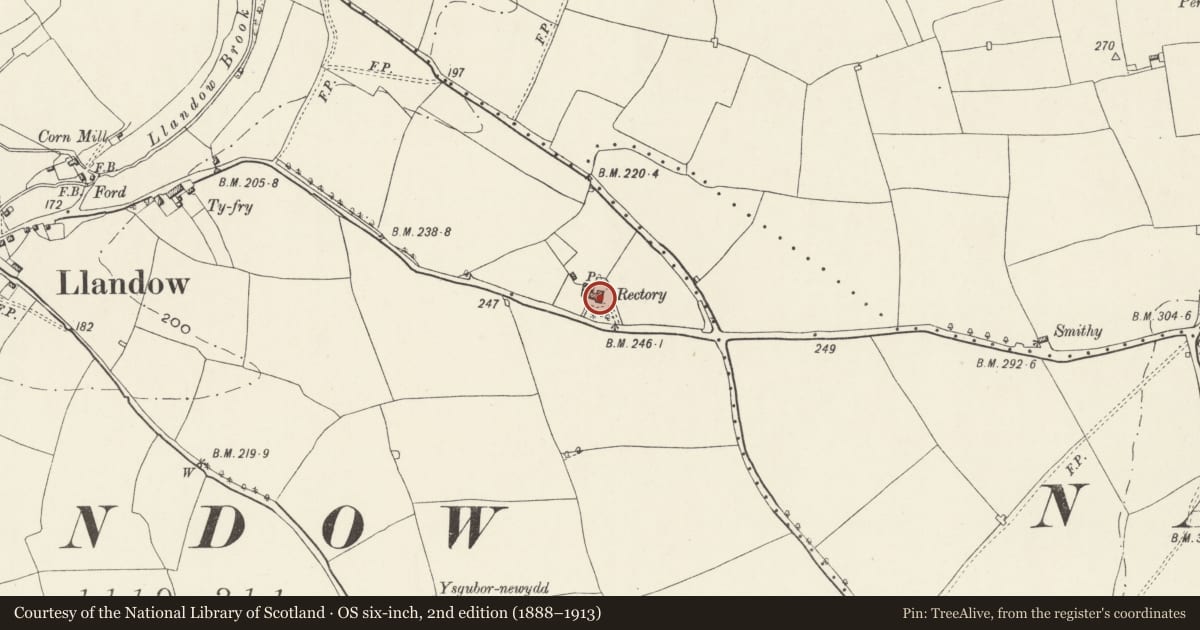 Ordnance Survey six-inch map, 2nd edition (1888–1913) covering the location of The Rectory, Llandow, Vale of Glamorgan, with a pin at the register's coordinates