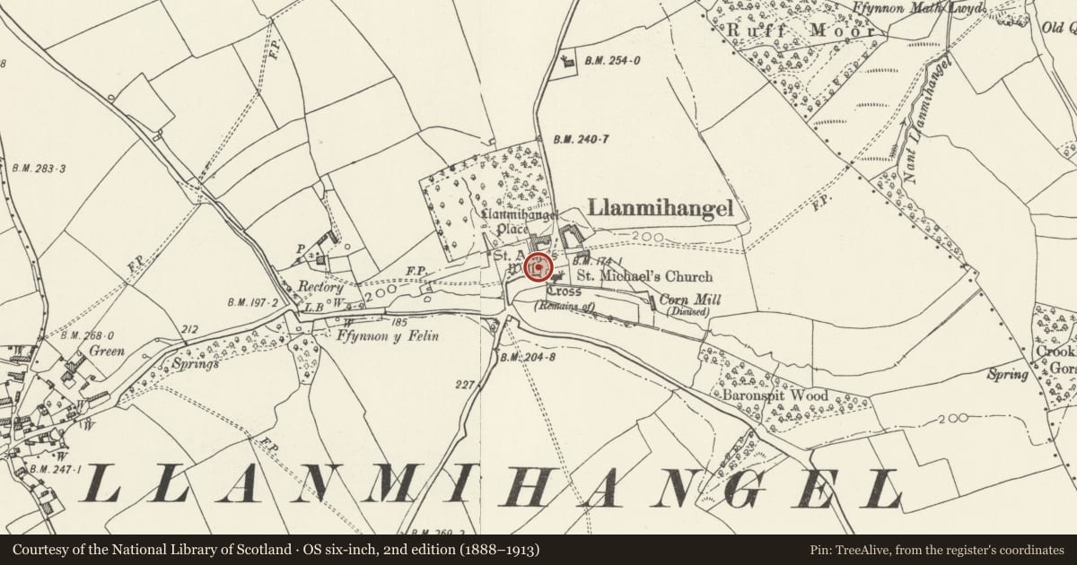 Ordnance Survey six-inch map, 2nd edition (1888–1913) covering the location of St Anne's Well, Llandow, Vale of Glamorgan, with a pin at the register's coordinates