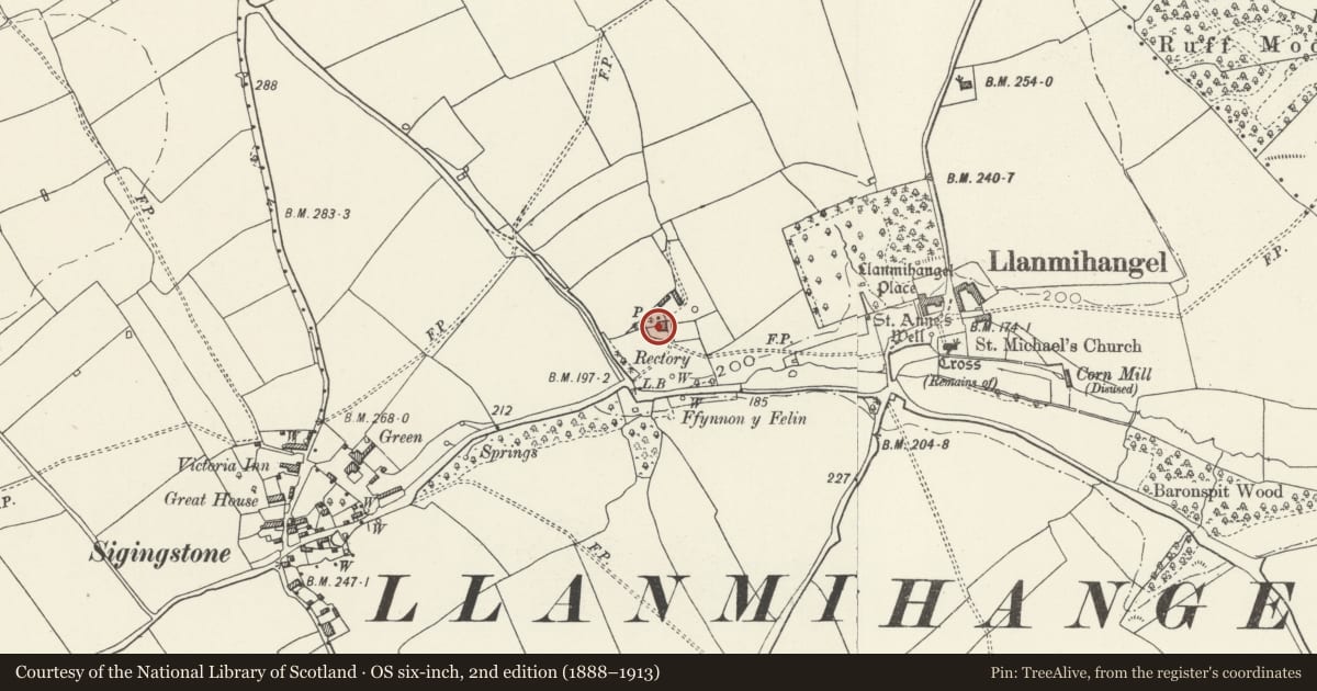 Ordnance Survey six-inch map, 2nd edition (1888–1913) covering the location of Rectory Farm, Llandow, Vale of Glamorgan, with a pin at the register's coordinates