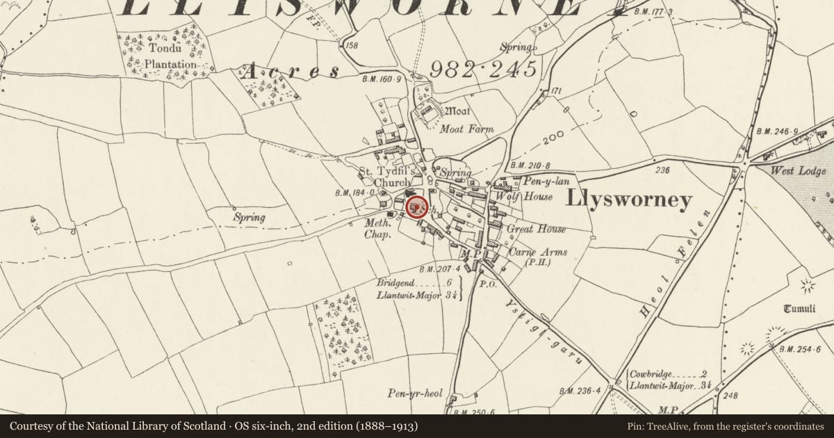 Ordnance Survey six-inch map, 2nd edition (1888–1913) covering the location of Former Church School, Llandow, Vale of Glamorgan, with a pin at the register's coordinates