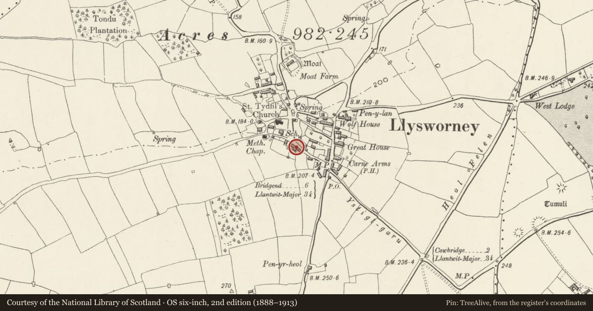 Ordnance Survey six-inch map, 2nd edition (1888–1913) covering the location of Great House, Llandow, Vale of Glamorgan, with a pin at the register's coordinates
