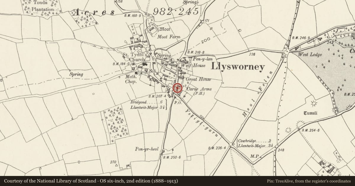 Ordnance Survey six-inch map, 2nd edition (1888–1913) covering the location of Milepost at the Carne Arms PH, Llandow, Vale of Glamorgan, with a pin at the register's coordinates