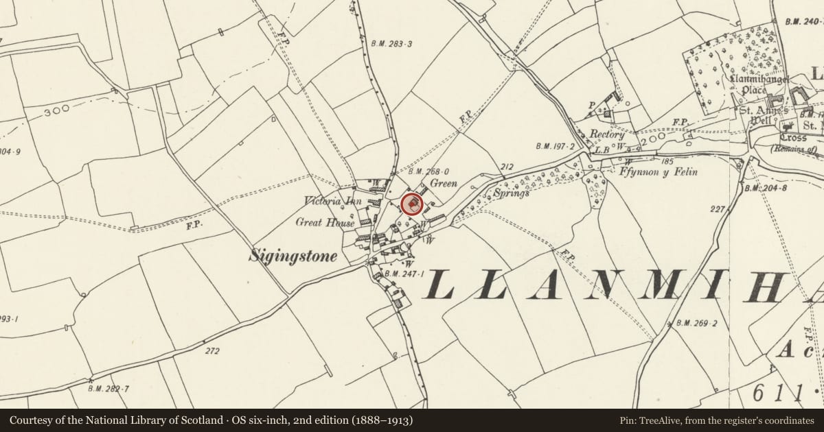 Ordnance Survey six-inch map, 2nd edition (1888–1913) covering the location of Green Farm, Llandow, Vale of Glamorgan, with a pin at the register's coordinates