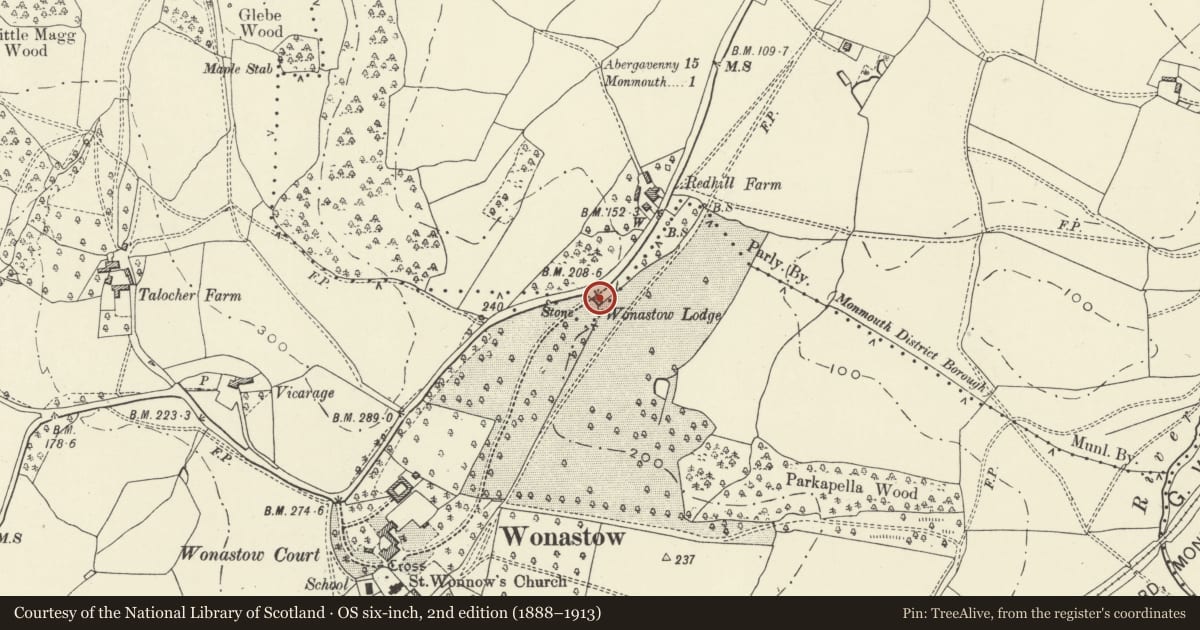Ordnance Survey six-inch map, 2nd edition (1888–1913) covering the location of Wonastow Lodge, Mitchel Troy, Monmouthshire, with a pin at the register's coordinates