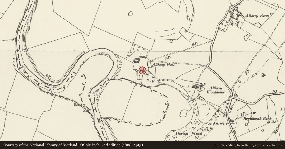 Ordnance Survey six-inch map, 2nd edition (1888–1913) covering the location of Althrey Hall, Bangor is-y-Coed, Wrexham, with a pin at the register's coordinates