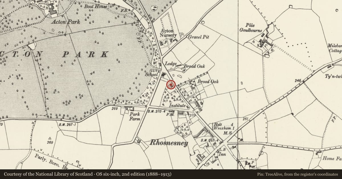 Ordnance Survey six-inch map, 2nd edition (1888–1913) covering the location of 95 Dean Road, Acton, Wrexham, with a pin at the register's coordinates