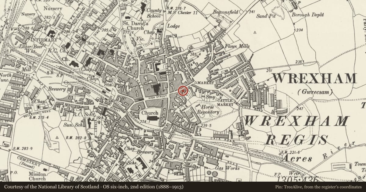 Ordnance Survey six-inch map, 2nd edition (1888–1913) covering the location of 21 Charles Street, Caia Park, Wrexham, with a pin at the register's coordinates