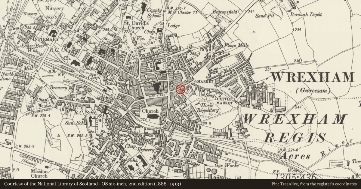 Ordnance Survey six-inch map, 2nd edition (1888–1913) covering the location of 23 Charles Street, Caia Park, Wrexham, with a pin at the register's coordinates