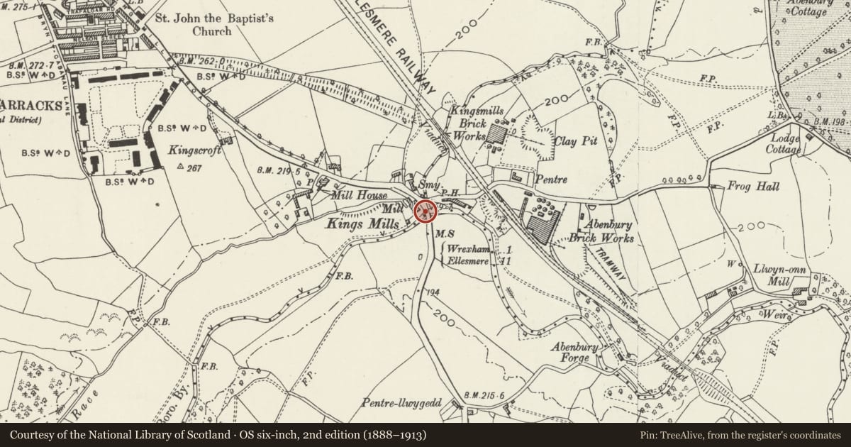 Ordnance Survey six-inch map, 2nd edition (1888–1913) covering the location of Kingsmills Bridge over River Gwenfro, Offa, Wrexham, with a pin at the register's coordinates