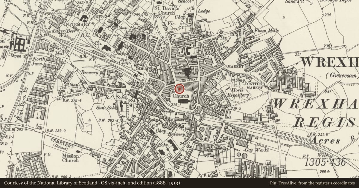 Ordnance Survey six-inch map, 2nd edition (1888–1913) covering the location of 4 Church Street, Offa, Wrexham, with a pin at the register's coordinates