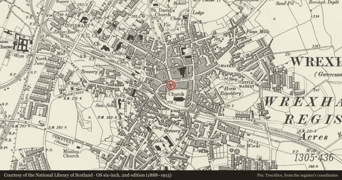 Ordnance Survey six-inch map, 2nd edition (1888–1913) covering the location of 8 Church Street, Offa, Wrexham, with a pin at the register's coordinates