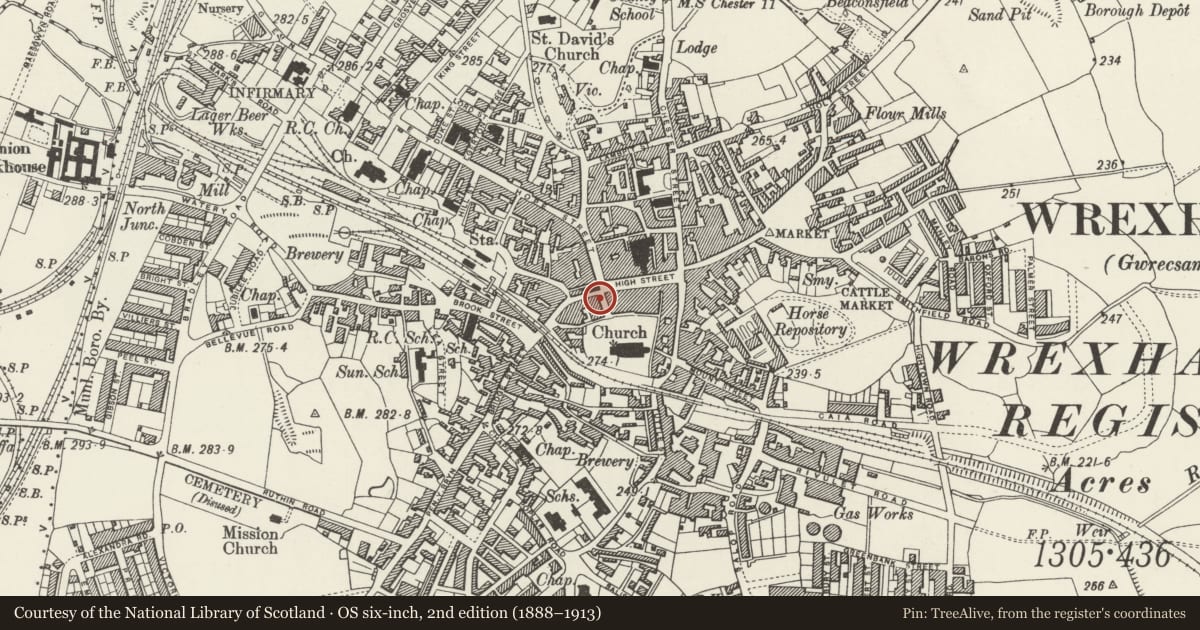 Ordnance Survey six-inch map, 2nd edition (1888–1913) covering the location of 9 Church Street, Offa, Wrexham, with a pin at the register's coordinates