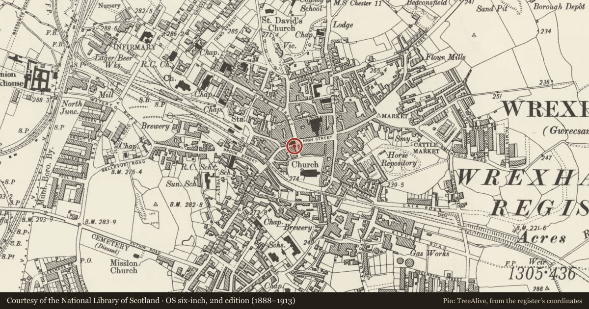 Ordnance Survey six-inch map, 2nd edition (1888–1913) covering the location of 10 Church Street, Offa, Wrexham, with a pin at the register's coordinates