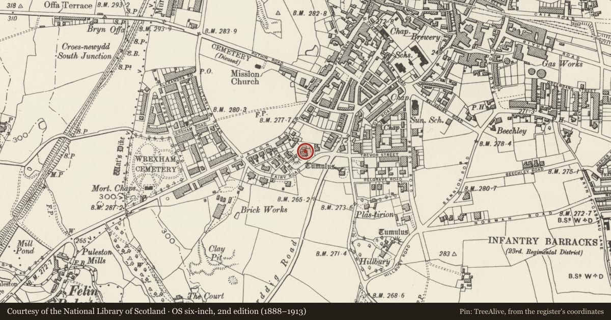 Ordnance Survey six-inch map, 2nd edition (1888–1913) covering the location of 7 Fairy Road, Offa, Wrexham, with a pin at the register's coordinates