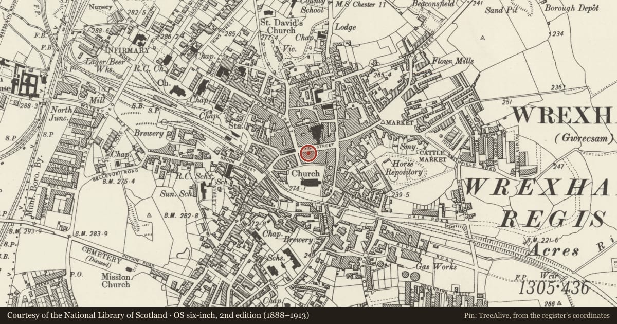 Ordnance Survey six-inch map, 2nd edition (1888–1913) covering the location of 39 High Street, Offa, Wrexham, with a pin at the register's coordinates