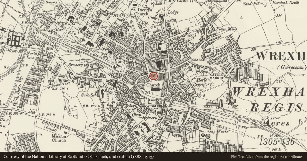 Ordnance Survey six-inch map, 2nd edition (1888–1913) covering the location of 41 High Street, Offa, Wrexham, with a pin at the register's coordinates