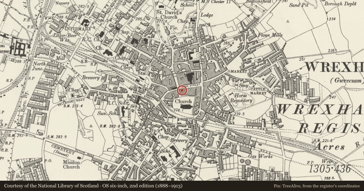 Ordnance Survey six-inch map, 2nd edition (1888–1913) covering the location of 42 High Street, Offa, Wrexham, with a pin at the register's coordinates