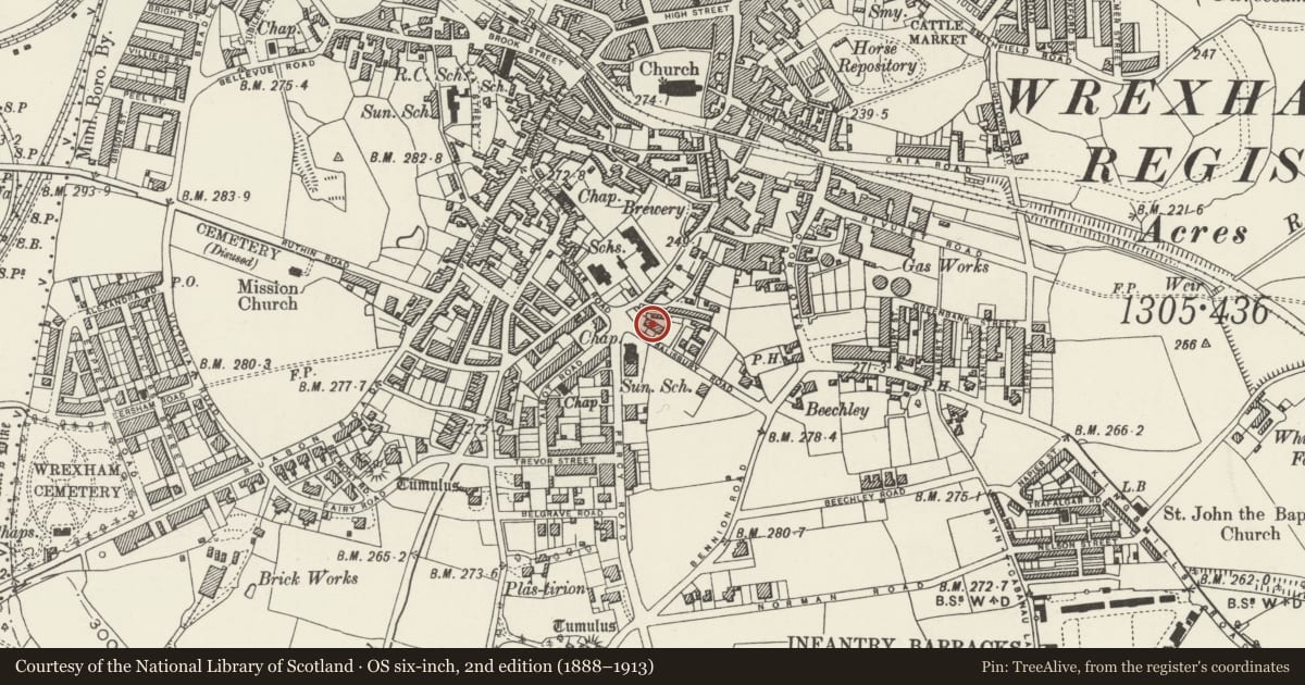 Ordnance Survey six-inch map, 2nd edition (1888–1913) covering the location of 3 Salisbury Road, Offa, Wrexham, with a pin at the register's coordinates