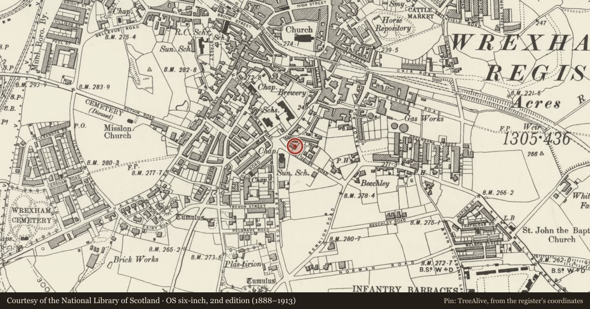 Ordnance Survey six-inch map, 2nd edition (1888–1913) covering the location of 5 Salisbury Road, Offa, Wrexham, with a pin at the register's coordinates