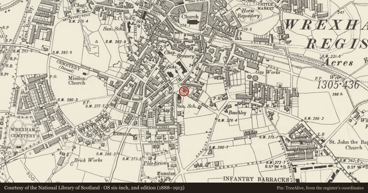 Ordnance Survey six-inch map, 2nd edition (1888–1913) covering the location of Gate Piers and Boundary wall to No 5, Offa, Wrexham, with a pin at the register's coordinates