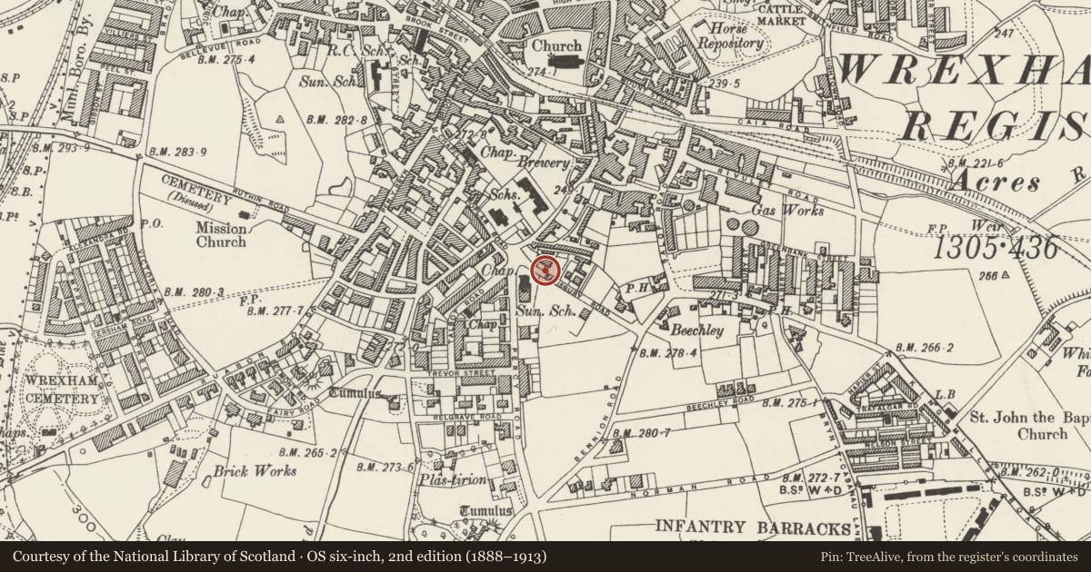 Ordnance Survey six-inch map, 2nd edition (1888–1913) covering the location of Gate Piers and Boundary Wall to No 5, Offa, Wrexham, with a pin at the register's coordinates