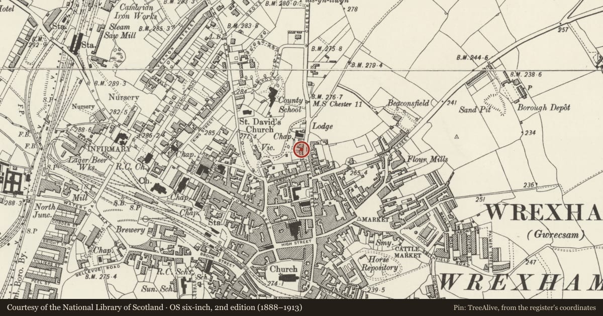 Ordnance Survey six-inch map, 2nd edition (1888–1913) covering the location of 24 Chester Street, Rhosddu, Wrexham, with a pin at the register's coordinates