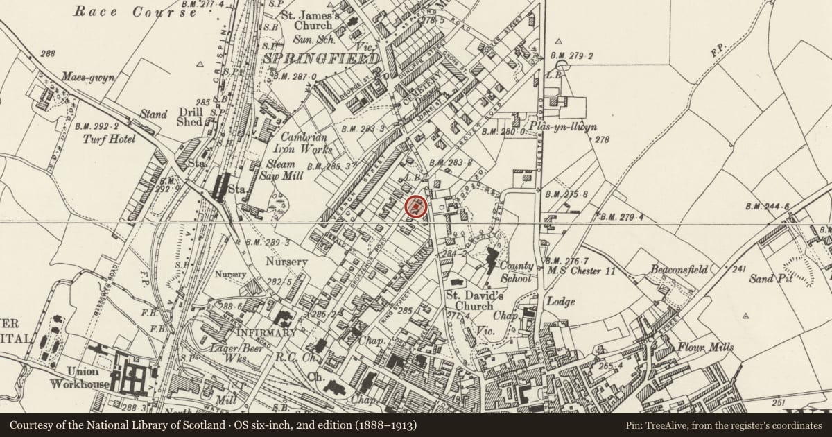 Ordnance Survey six-inch map, 2nd edition (1888–1913) covering the location of 28 Grosvenor Road, Rhosddu, Wrexham, with a pin at the register's coordinates