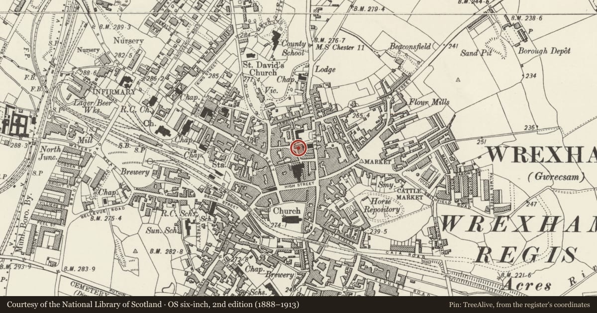 Ordnance Survey six-inch map, 2nd edition (1888–1913) covering the location of General Market Building, Rhosddu, Wrexham, with a pin at the register's coordinates