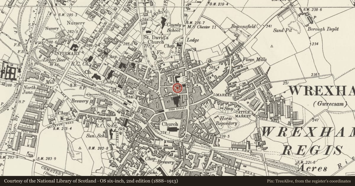Ordnance Survey six-inch map, 2nd edition (1888–1913) covering the location of General Market Building, Rhosddu, Wrexham, with a pin at the register's coordinates