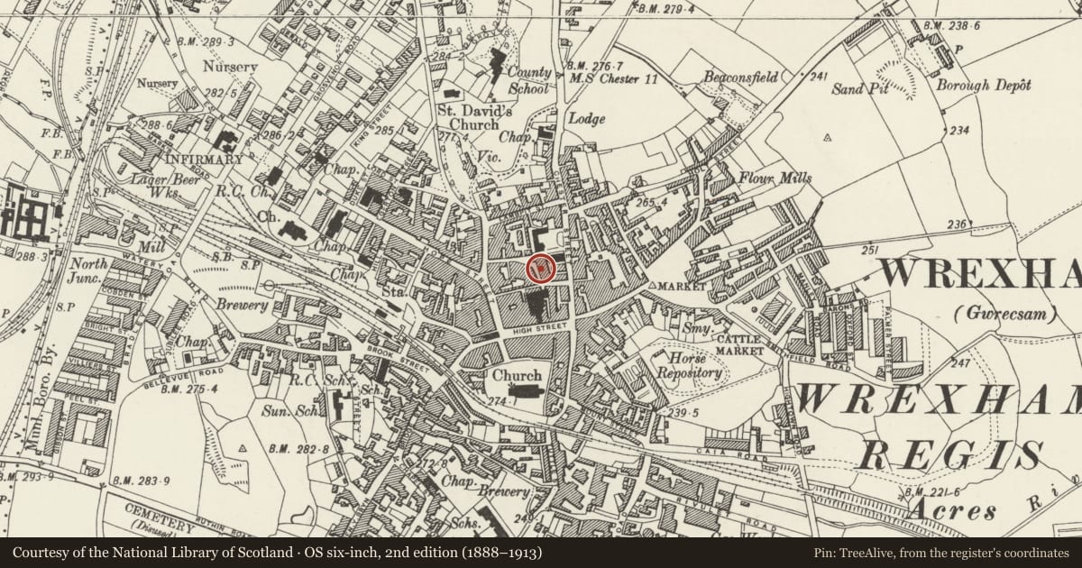 Ordnance Survey six-inch map, 2nd edition (1888–1913) covering the location of General Market Building, Rhosddu, Wrexham, with a pin at the register's coordinates