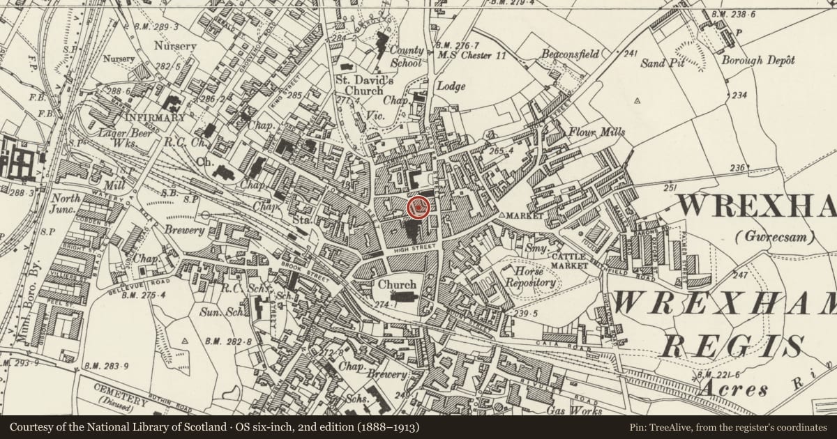 Ordnance Survey six-inch map, 2nd edition (1888–1913) covering the location of General Market Building, Rhosddu, Wrexham, with a pin at the register's coordinates