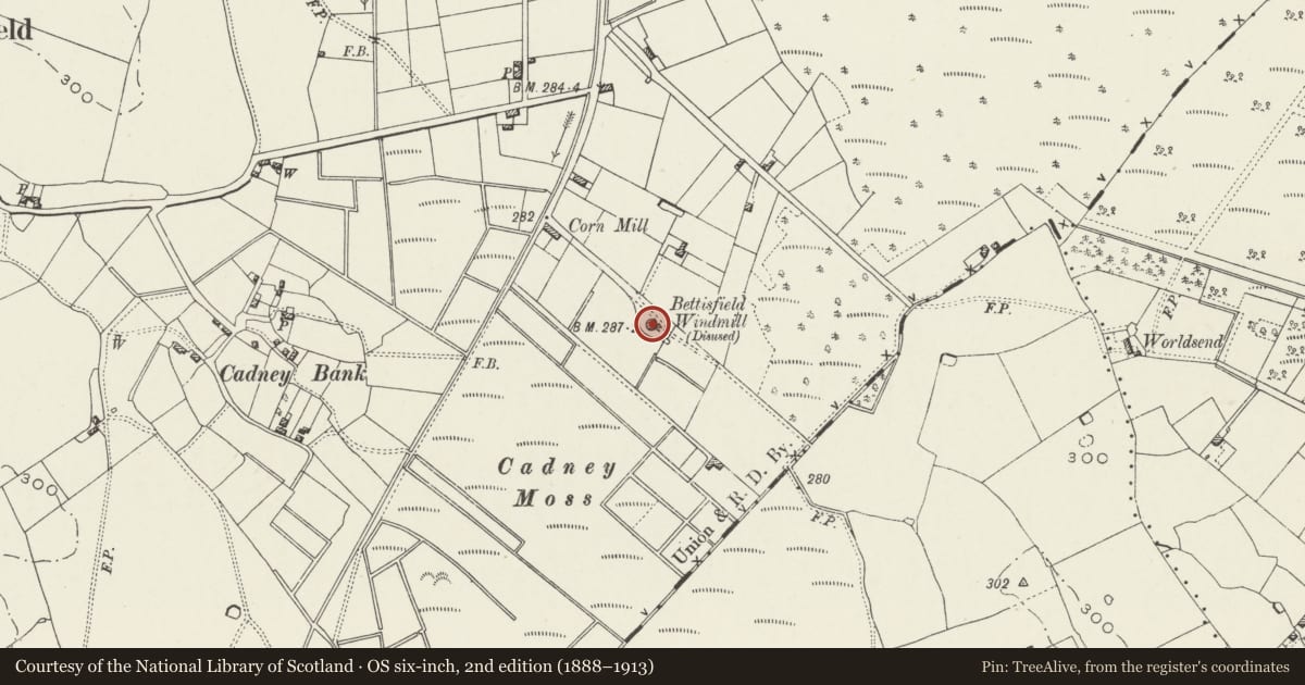 Ordnance Survey six-inch map, 2nd edition (1888–1913) covering the location of Bettisfield Windmill, Maelor South, Wrexham, with a pin at the register's coordinates