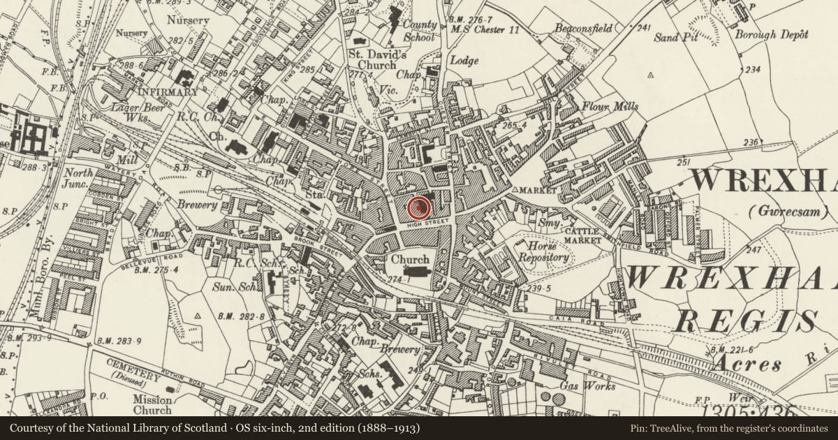 Ordnance Survey six-inch map, 2nd edition (1888–1913) covering the location of 9 High Street, Rhosddu, Wrexham, with a pin at the register's coordinates