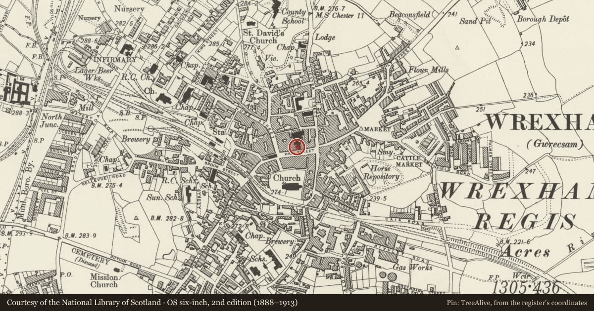 Ordnance Survey six-inch map, 2nd edition (1888–1913) covering the location of 10 High Street, Rhosddu, Wrexham, with a pin at the register's coordinates