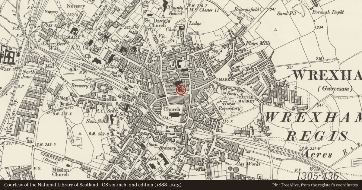 Ordnance Survey six-inch map, 2nd edition (1888–1913) covering the location of 11 High Street, Rhosddu, Wrexham, with a pin at the register's coordinates