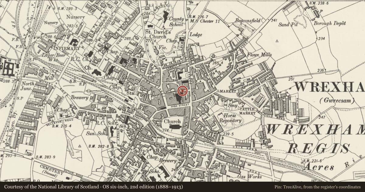 Ordnance Survey six-inch map, 2nd edition (1888–1913) covering the location of 40 Henblas Street, Rhosddu, Wrexham, with a pin at the register's coordinates